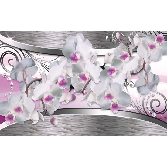 Wall murals 3d white orchids on a background metallic abstract Wall murals 3d white orchids on a background metallic abstract