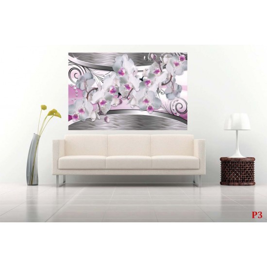 Wall murals 3d white orchids on a background metallic abstract Wall murals 3d white orchids on a background metallic abstract