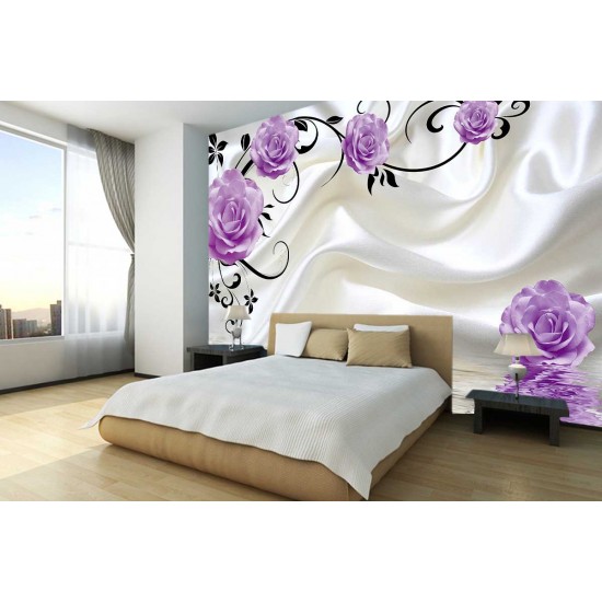 Wall murals pink or purple roses on white silk background 2 colors