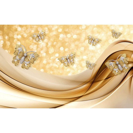 Wall murals abstract with diamond butterflies in purple and golden Wall murals abstract with diamond butterflies in purple and golden