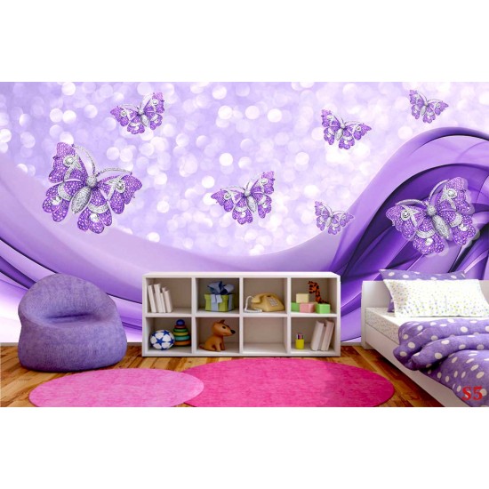 Wall murals abstract with diamond butterflies in purple and golden Wall murals abstract with diamond butterflies in purple and golden