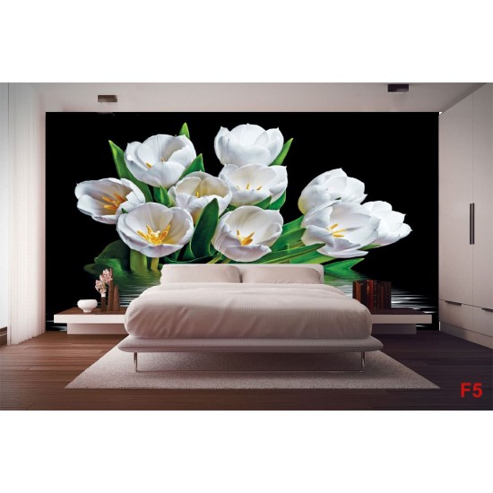 Photo mural bouquet tulips with water reflection black background Photo mural bouquet tulips with water reflection black background