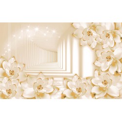 Photo mural tunnel with white 3D porcelain flowers