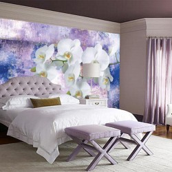 Wall mural white orchids on wall art in purple Wall mural white orchids on wall art in purple