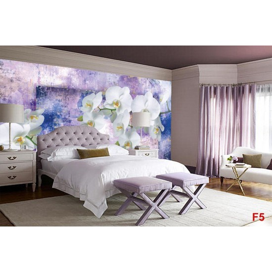 Wall mural white orchids on wall art in purple Wall mural white orchids on wall art in purple
