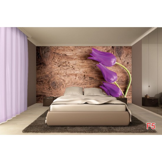 Photo mural purple tulips on a wooden based Photo mural purple tulips on a wooden based