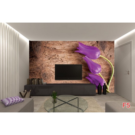 Photo mural purple tulips on a wooden based Photo mural purple tulips on a wooden based