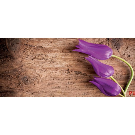 Photo mural purple tulips on a wooden based Photo mural purple tulips on a wooden based