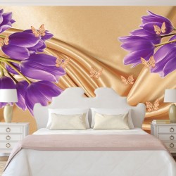 Wall mural purple tulips of a beige silk with butterflies