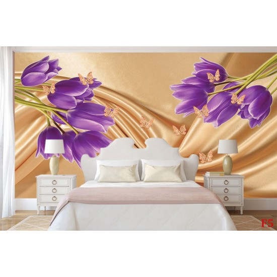 Wall mural purple tulips of a beige silk with butterflies Wall mural purple tulips of a beige silk with butterflies