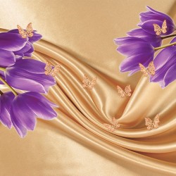 Wall mural purple tulips of a beige silk with butterflies
