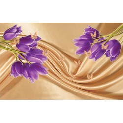 Wall mural purple tulips of a beige silk with butterflies