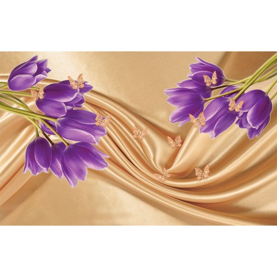 Wall mural purple tulips of a beige silk with butterflies Wall mural purple tulips of a beige silk with butterflies