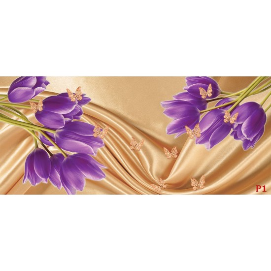 Wall mural purple tulips of a beige silk with butterflies Wall mural purple tulips of a beige silk with butterflies