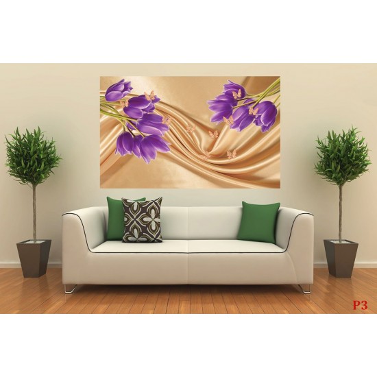 Wall mural purple tulips of a beige silk with butterflies Wall mural purple tulips of a beige silk with butterflies
