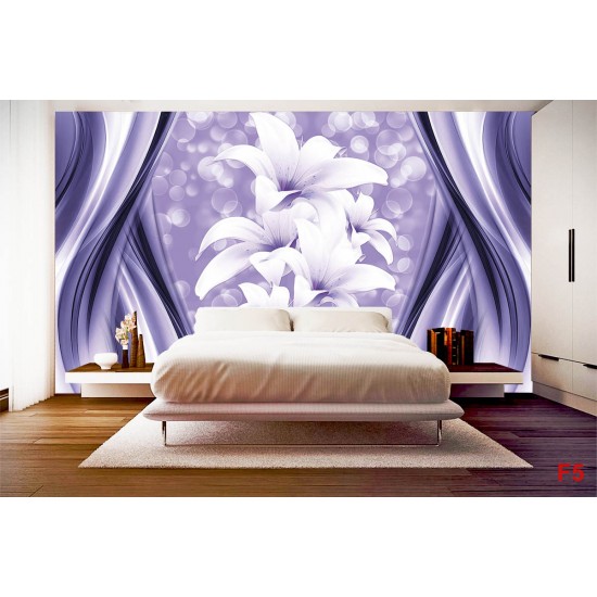 Wall mural abstract with spheres and lilies in purple and white