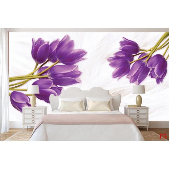 Photo mural purple tulips on a soft background with feathers Photo mural purple tulips on a soft background with feathers