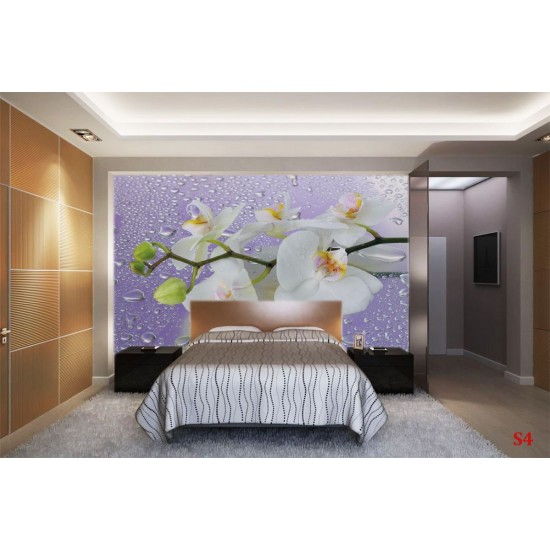 Photo mural orchid branch in purple background with water drops Photo mural orchid branch in purple background with water drops