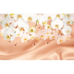 Wallpapers mural white orchids on silk background with and without butterflies