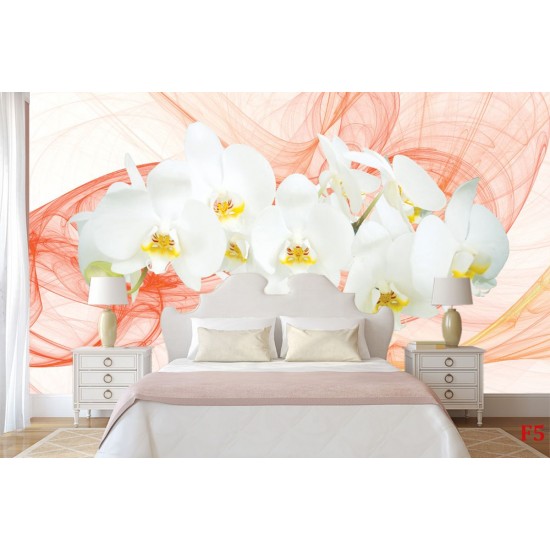 Wall murals white orchids orange on orange abstract background Wall murals white orchids orange on orange abstract background