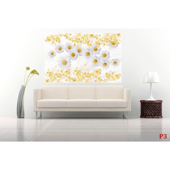 Wall murals composition with white daisies background feathers