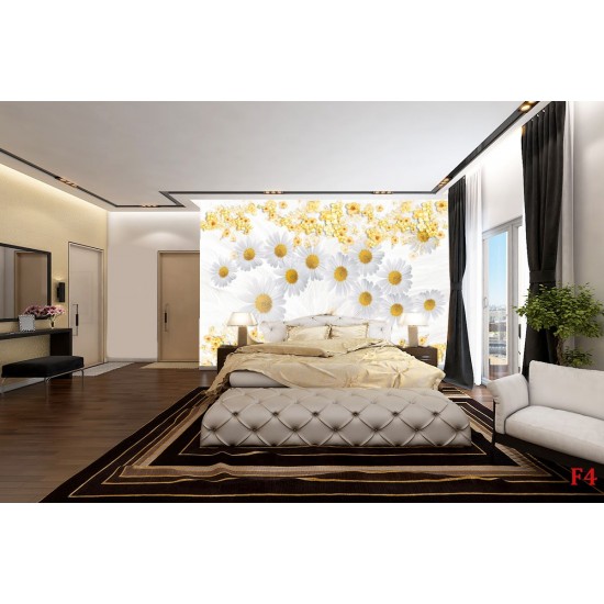 Wall murals composition with white daisies background feathers