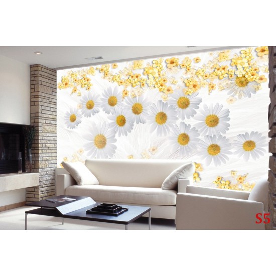 Wall murals composition with white daisies background feathers