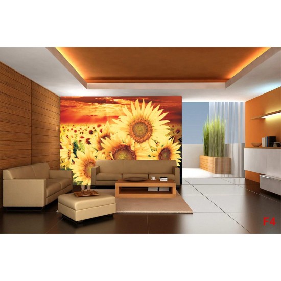 Photo mural big sunflowers on orange field Photo mural big sunflowers on orange field
