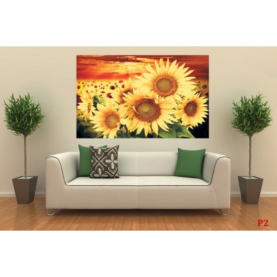 Photo mural big sunflowers on orange field Photo mural big sunflowers on orange field