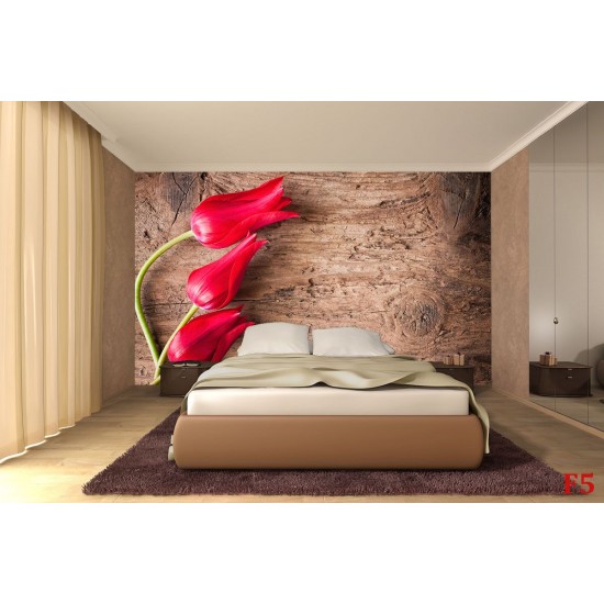 Wallpapers mural red tulips on wooden base Wallpapers mural red tulips on wooden base