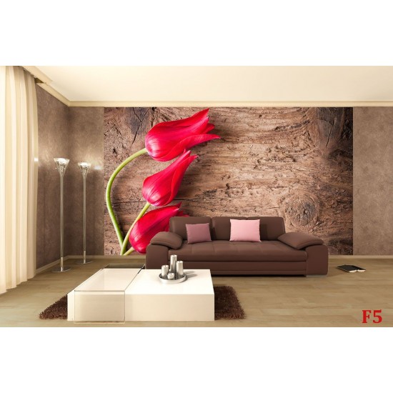 Wallpapers mural red tulips on wooden base Wallpapers mural red tulips on wooden base