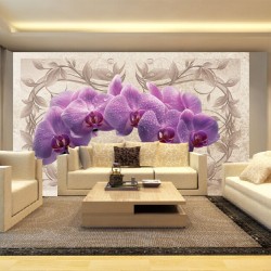 Wallpapers mural purple orchid twig ornaments beige background