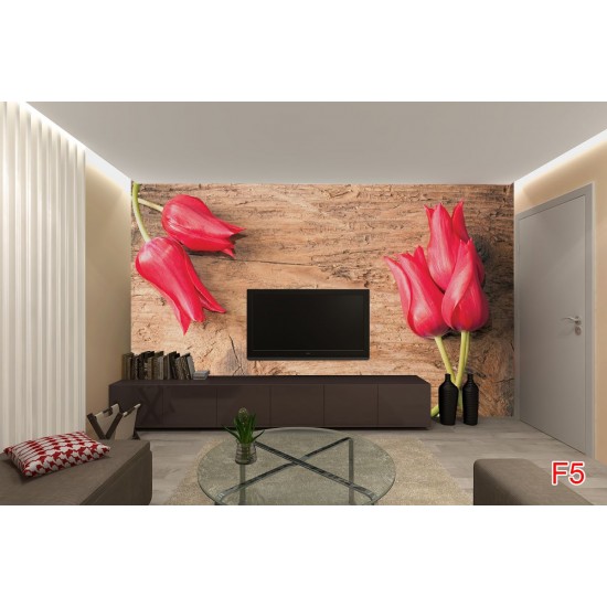 Wallpapers mural red tulips on wooden background Wallpapers mural red tulips on wooden background