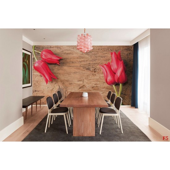 Wallpapers mural red tulips on wooden background Wallpapers mural red tulips on wooden background