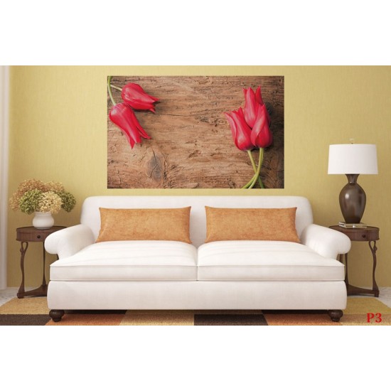 Wallpapers mural red tulips on wooden background Wallpapers mural red tulips on wooden background