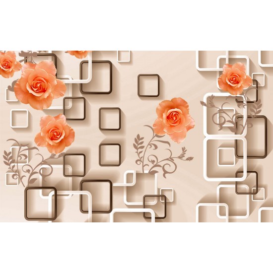 Wallpapers 3d composition wall beige cubes with roses in 2 colors Wallpapers 3d composition wall beige cubes with roses in 2 colors