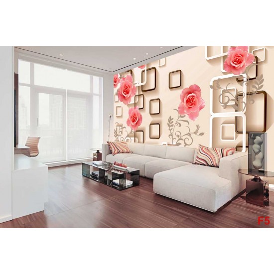 Wallpapers 3d composition wall beige cubes with roses in 2 colors Wallpapers 3d composition wall beige cubes with roses in 2 colors