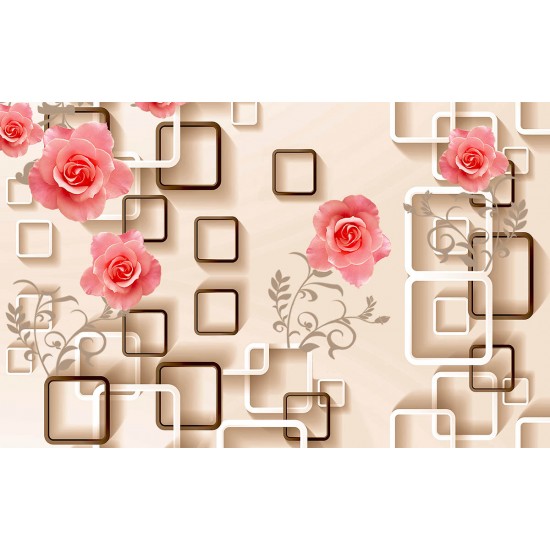 Wallpapers 3d composition wall beige cubes with roses in 2 colors Wallpapers 3d composition wall beige cubes with roses in 2 colors