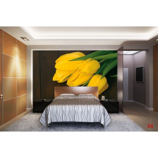 Photo mural bouquet from yellow tulips on wooden background Photo mural bouquet from yellow tulips on wooden background
