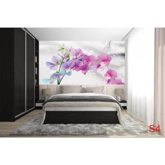 Wall murals branch colorful orchids delicate silk background Wall murals branch colorful orchids delicate silk background
