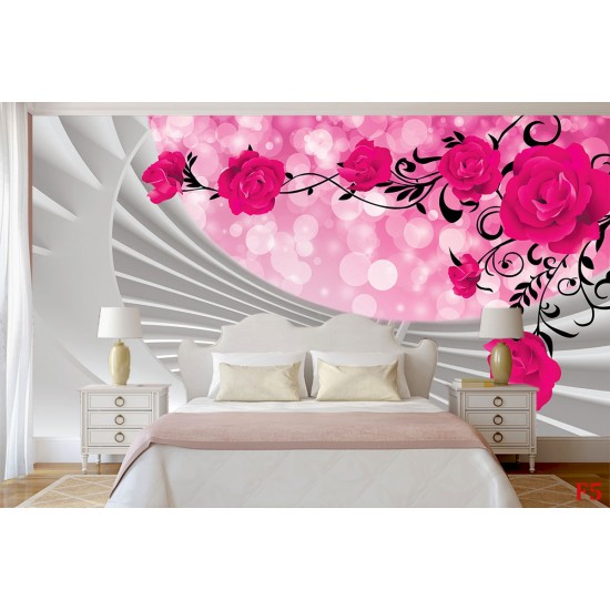 Photo murals composition with pink roses and spiral 3D