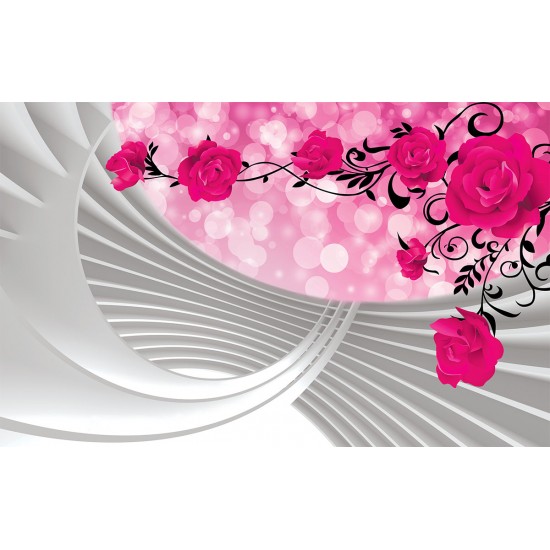 Photo murals composition with pink roses and spiral 3D
