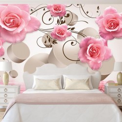 Photo murals composition with pink roses and 3D elements
