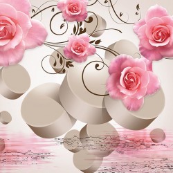 Photo murals composition with pink roses and 3D elements