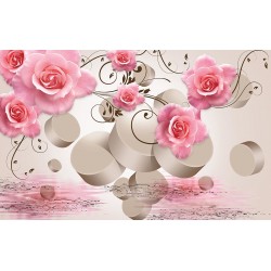 Photo murals composition with pink roses and 3D elements