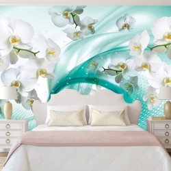 Wall murals white orchids on abstract turquoise basis 2