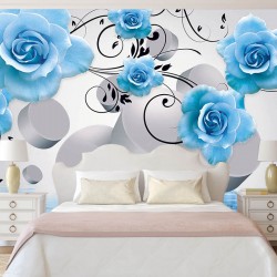 Photo Wall murals composition with blue roses and 3D elements