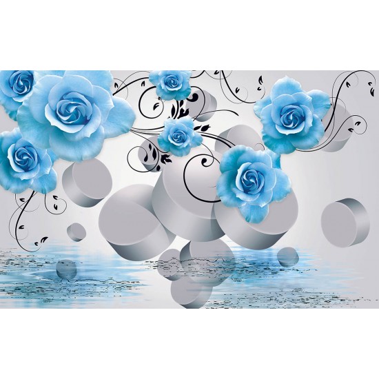 Photo Wall murals composition with blue roses and 3D elements Photo Wall murals composition with blue roses and 3D elements
