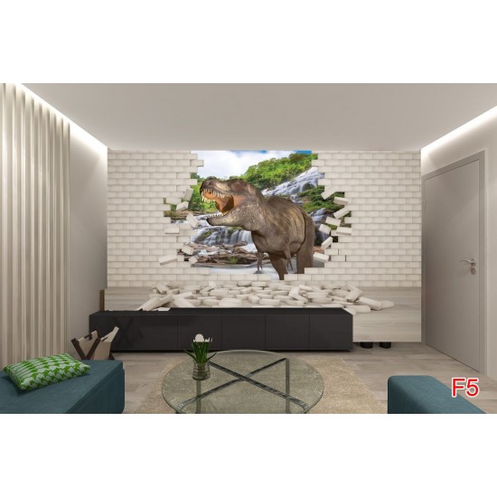 Wall mural 3D effect brick wall and dinosaur Wall mural 3D effect brick wall and dinosaur