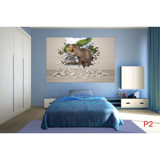 Wall mural 3D effect brick wall and dinosaur Wall mural 3D effect brick wall and dinosaur